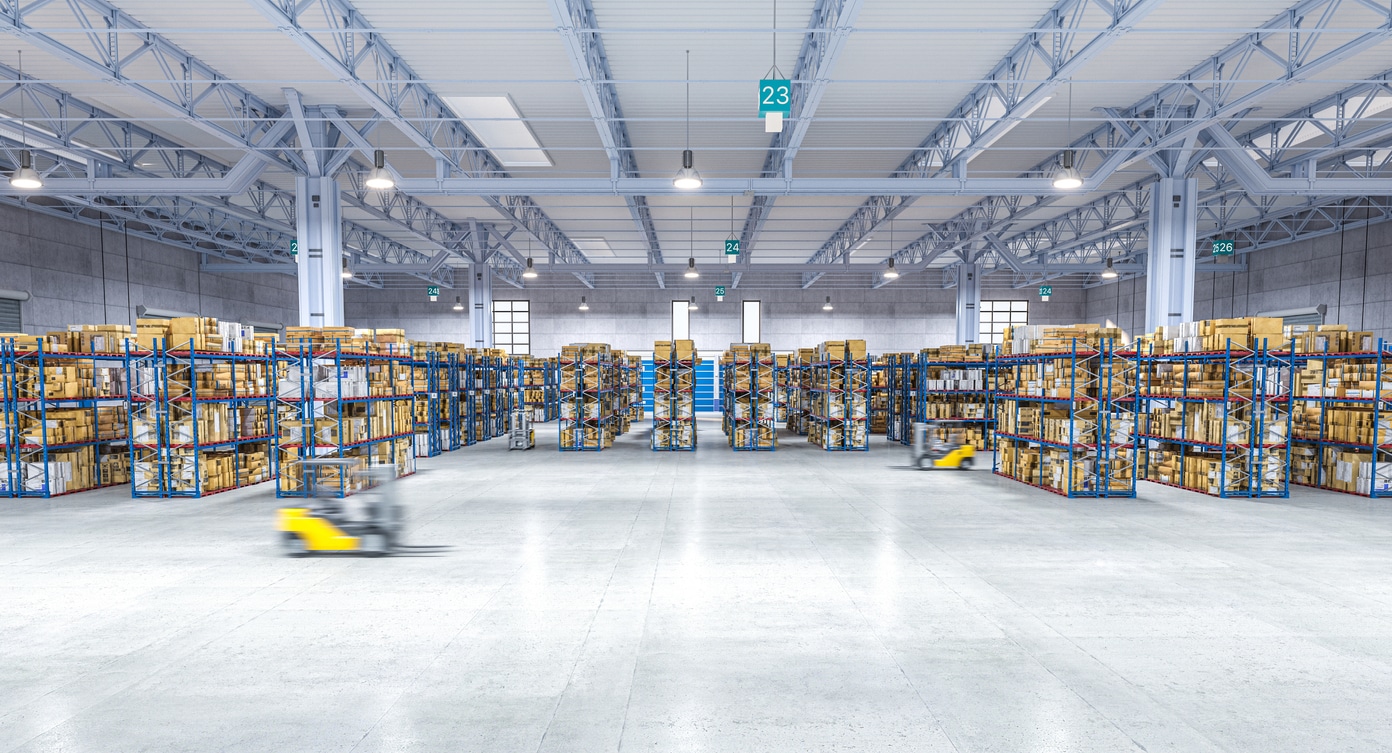 Large warehouse with moving vehicle