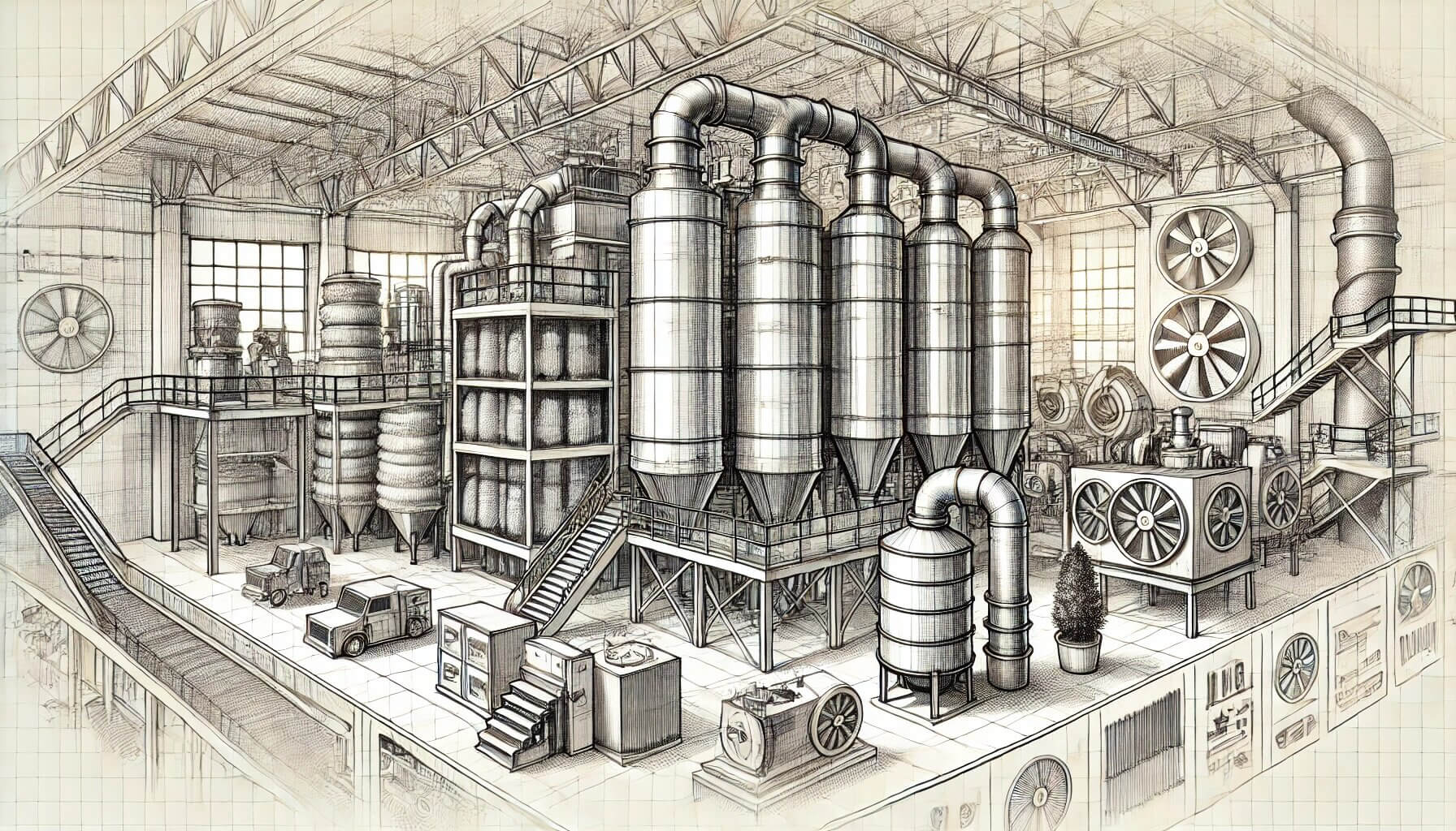 Sketch-style image of an industrial air filtration system in action within a modern factory. The clean factory environment, with visible machinery and clear air, emphasizes the benefits of advanced air filtration technologies, including HEPA filters, electrostatic precipitators, and baghouse filters integrated into the setup.