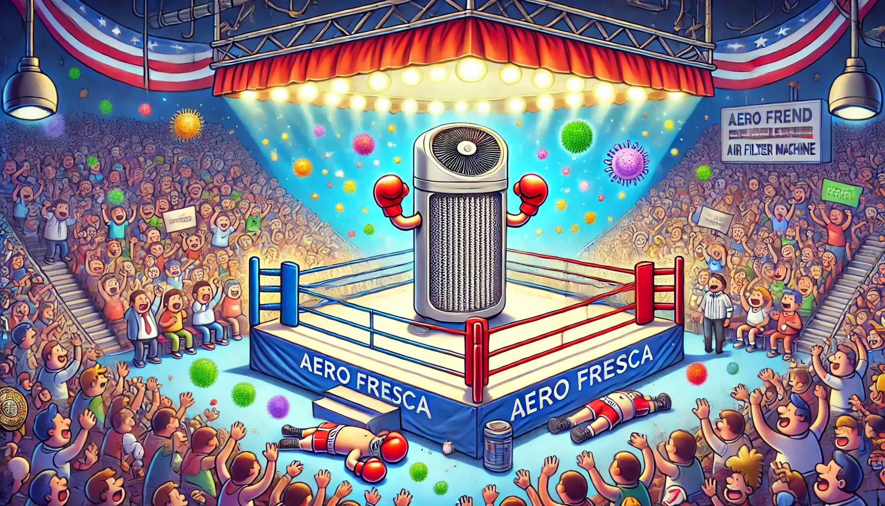 Cartoon Style Title Fight with full crowd and a victorious Aero Fresca with hands raised as he has knocked out the other home air filters with his superiority