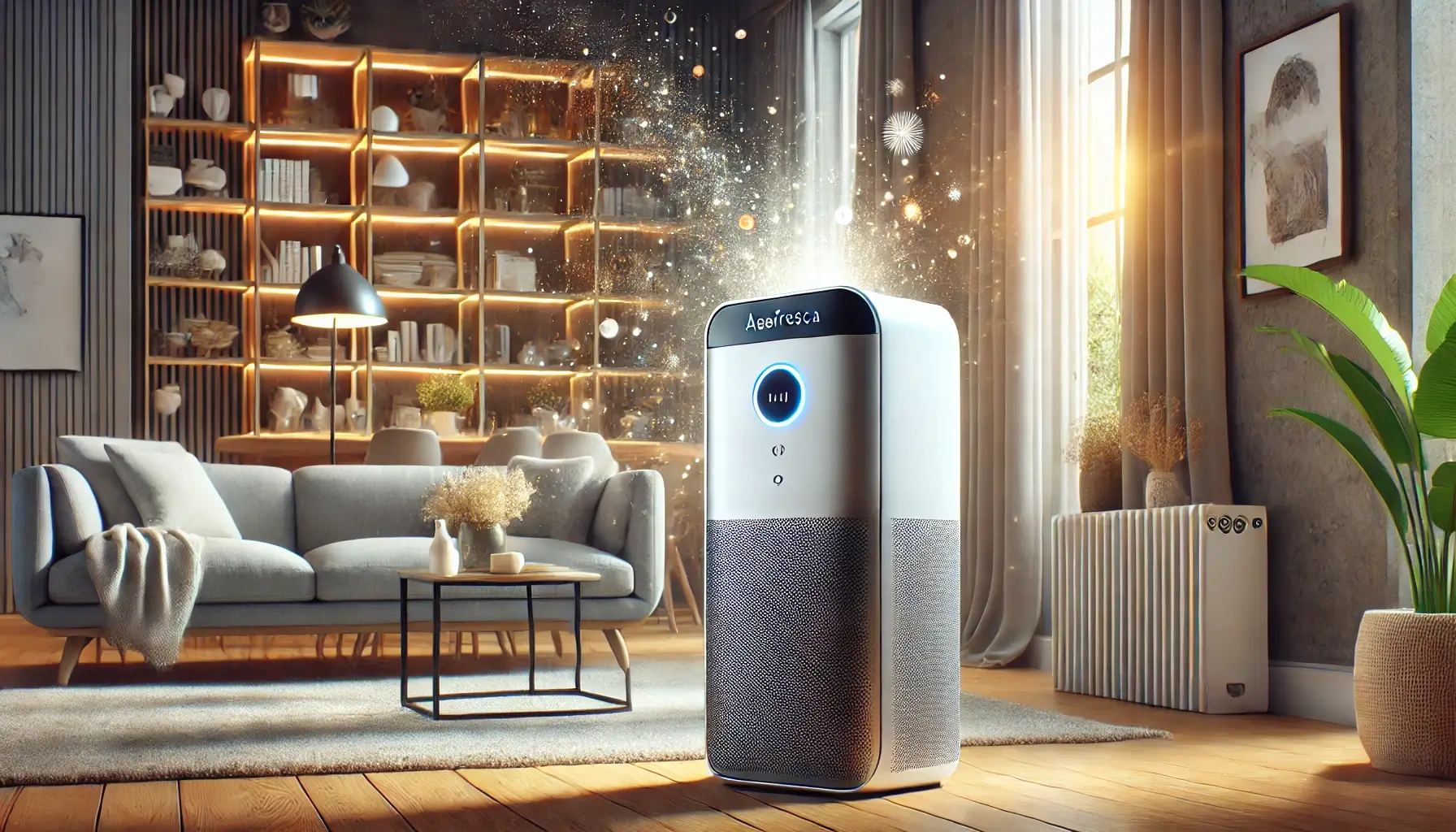 A modern air purifier in a stylish living room setting, emitting a subtle, clean airflow. The air purifier is sleek and features a futuristic design