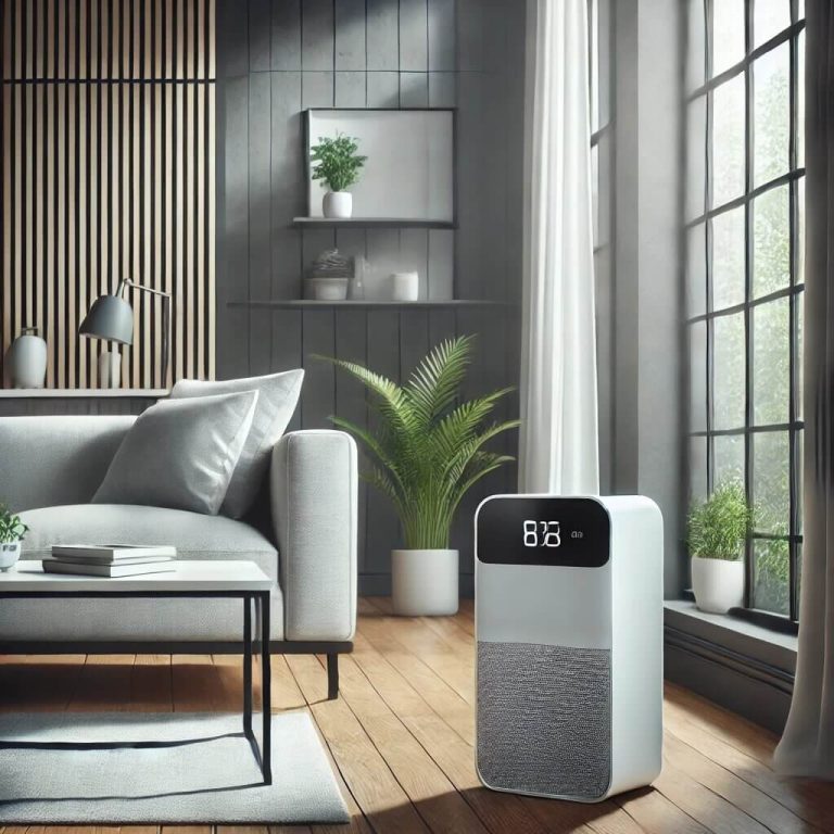 A sleek, modern living room with a portable air purifier placed on a small table near the window. The purifier is compact