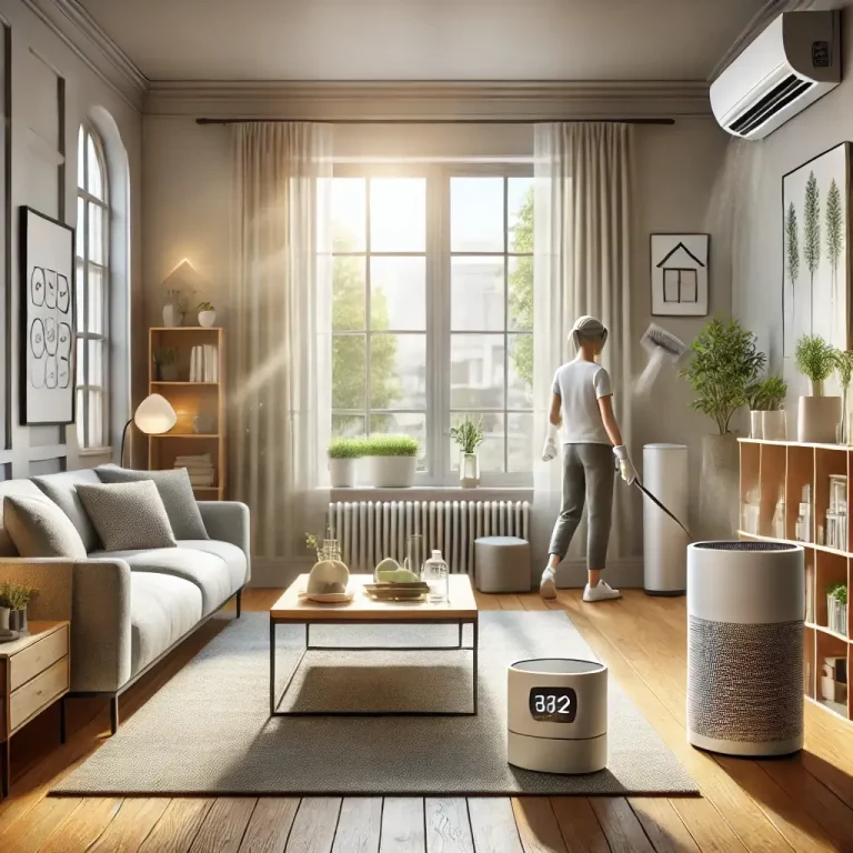 A cozy, well-organized living room that represents an allergy-free home environment. The space is clean, with a modern air purifier prominently placed