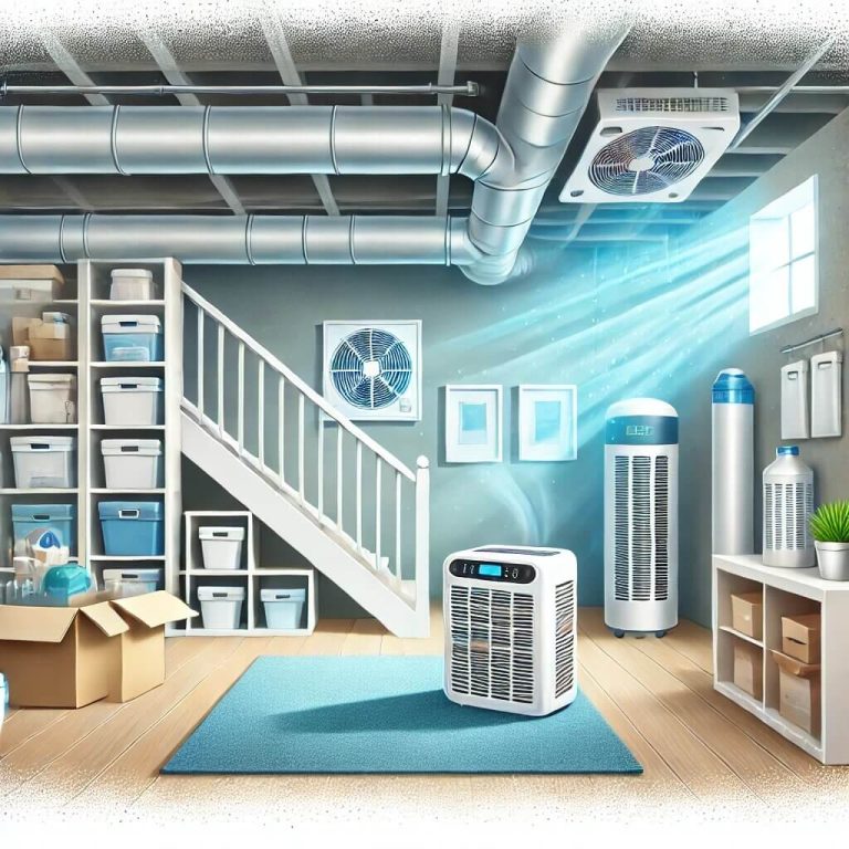 An illustration depicting a well-maintained basement with clean air. The image should show a modern, tidy basement with a dehumidifier and an air purifier