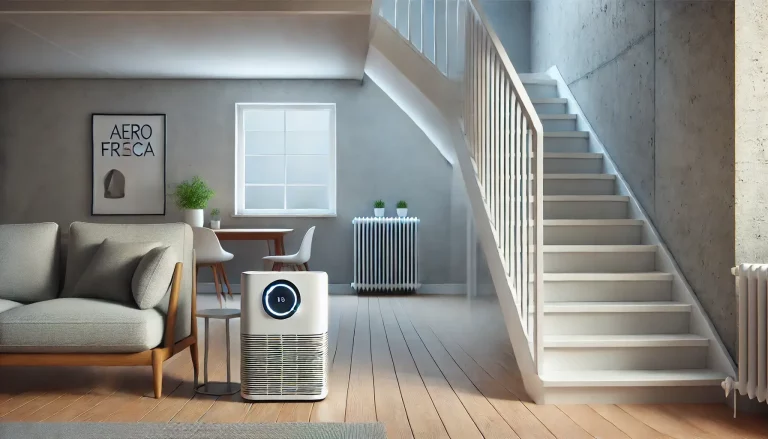 A clean and modern basement in a home, featuring a single air purifier positioned near the base of a staircase. The air purifier has a sleek design