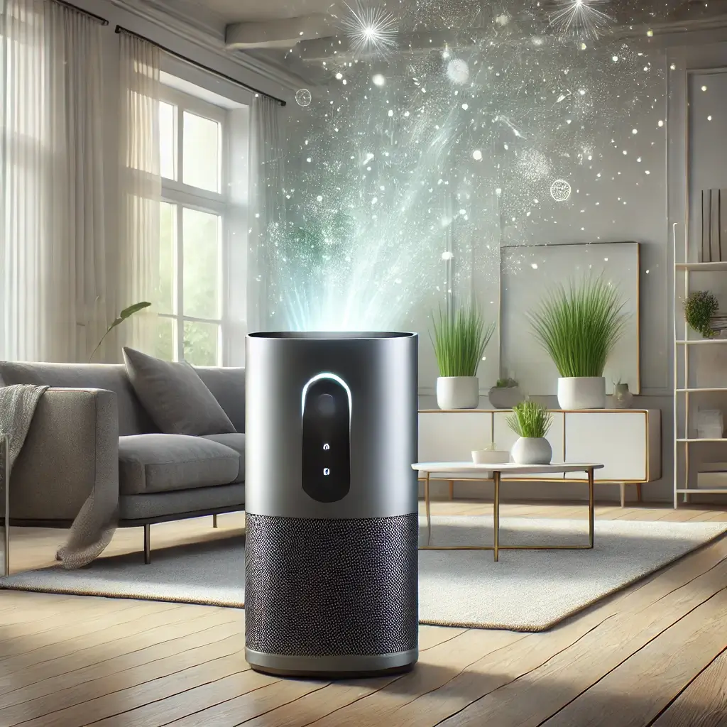 A sleek, modern air purifier set in a clean, minimalist living room. The air purifier is shown actively filtering air, with subtle glowing light