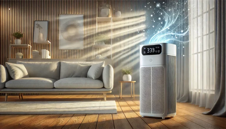 An air purifier with a sleek, modern design sits in a contemporary living room setting. The purifier is placed on a wooden floor